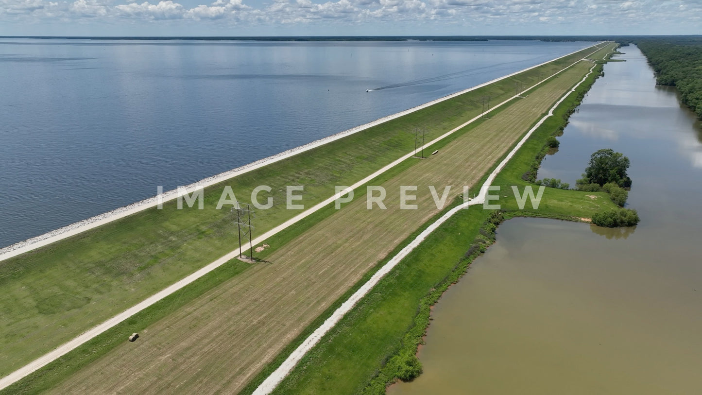 Stock photo 4k Still Frame - Lake Marion, SC reservoir earthen dam and canal