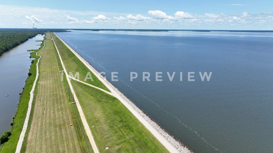 4k Still Frame - Lake Marion, SC earthen dam and canal