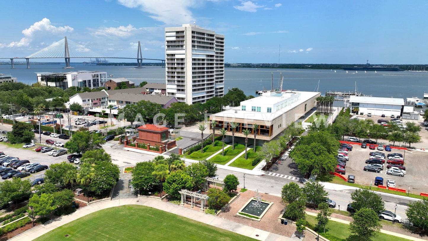 4k Still Frame - International African American Museum Charleston, SC aerial of building at Gadsden's Wharf