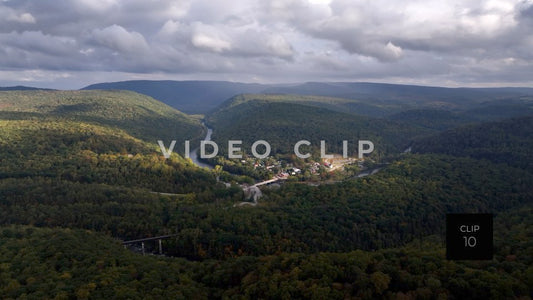 CLIP 10 - Ohiopyle, PA aerial view of mountains with town and Youghiogheny River