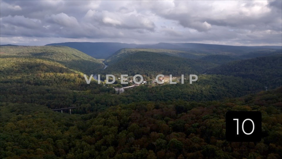 CLIP 10 - Ohiopyle, PA aerial view of mountains with town and Youghiogheny River