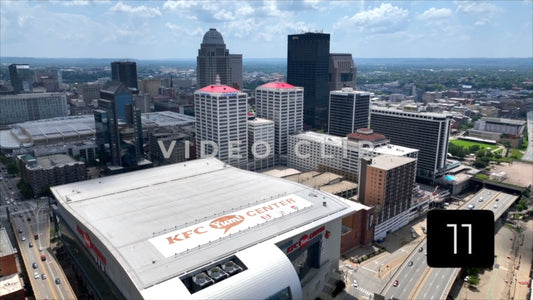 CLIP 11 - Louisville, KY aerial view above KFC Yum! Center then downtown