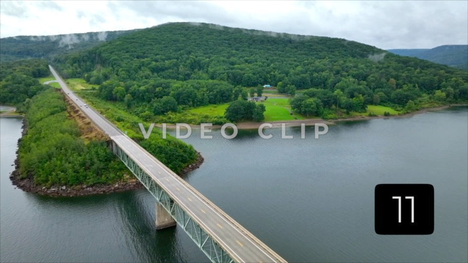 CLIP 11 - Traffic approaching bridge over Kinzua Dam reservoir in Allegheny National Forest