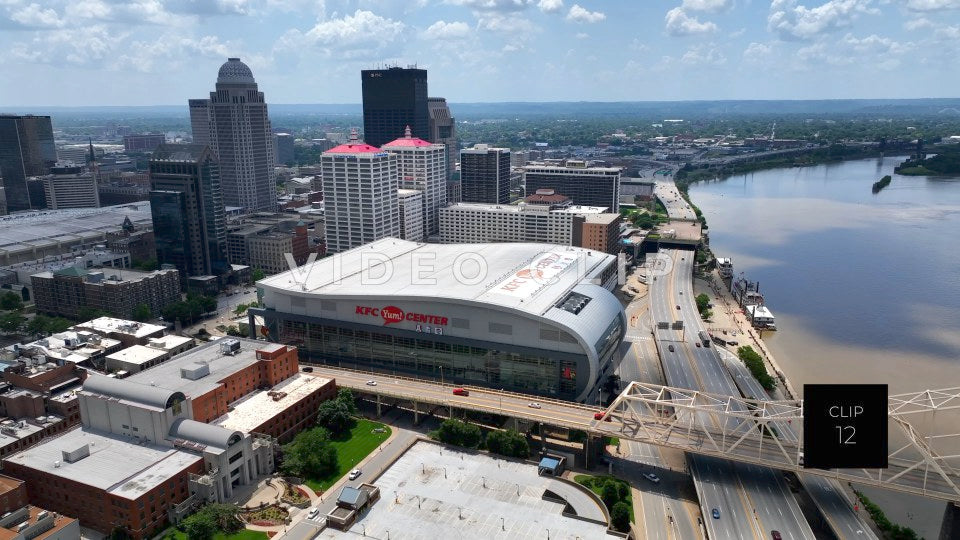 CLIP 12 - Louisville, KY side view of KFC Yum! Center then flying towards Ohio River