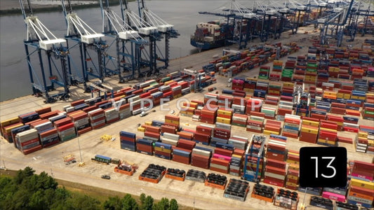 CLIP 13 - Charleston, SC Port of Charleston with view of waterway and shipping containers awaiting transport