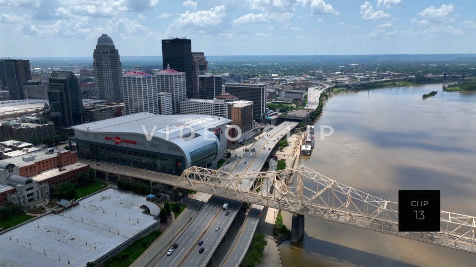 CLIP 13 - Louisville, KY Big aerial view of city skyline with Ohio River
