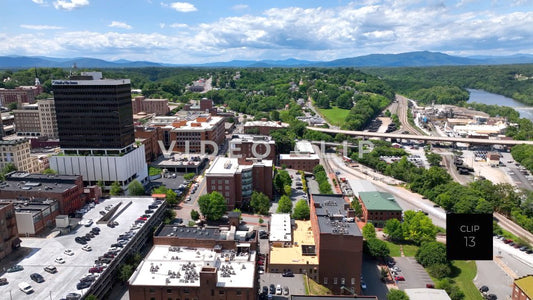 CLIP 13 - Lynchburg, VA aerial over downtown city streets and office towers