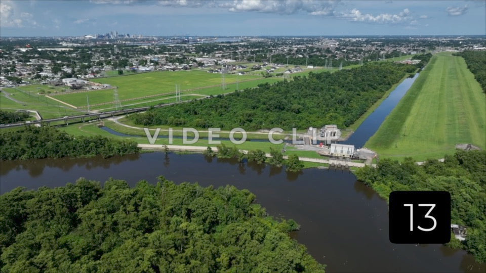 CLIP 13 - New Orleans, LA Vol. 3 - Flood wall and Levee with city skyline