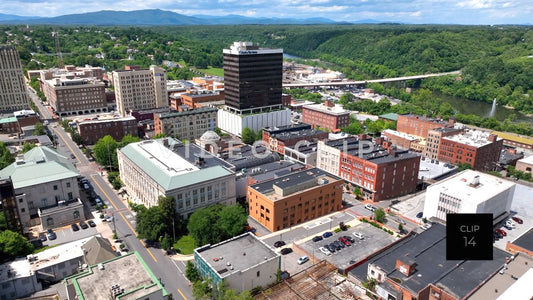 CLIP 14 - Lynchburg, VA drone flight over downtown inner city streets and Office buildings