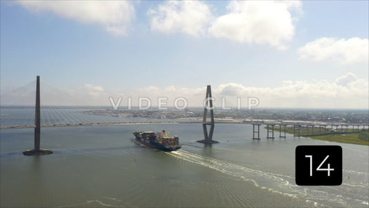 CLIP 14 - Charleston, SC Cargo ships passing under Arthur Ravenel Jr. Bridge