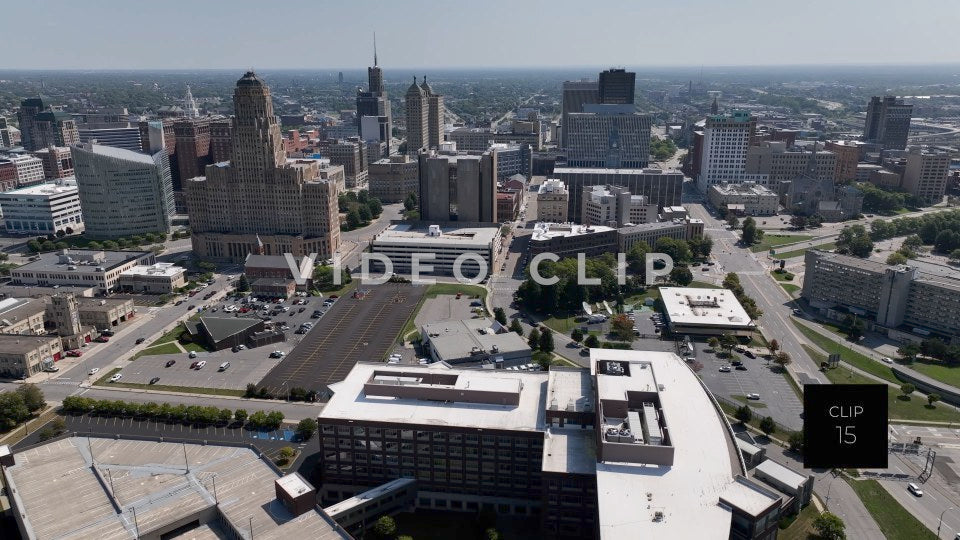 CLIP 15 - Buffalo, NY aerial of city skyline in morning sunlight
