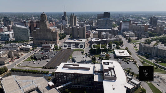 CLIP 15 - Buffalo, NY aerial of city skyline in morning sunlight
