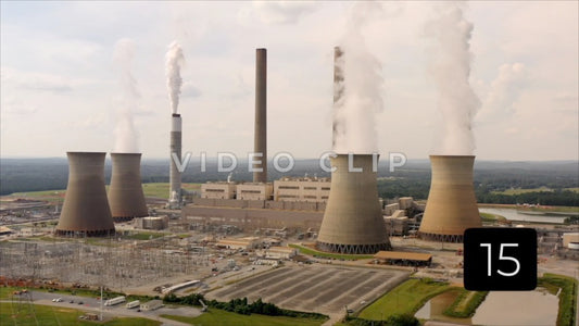 CLIP 15 - Plant Bowen, GA electric power plant cooling towers releasing steam and emissions into atmosphere