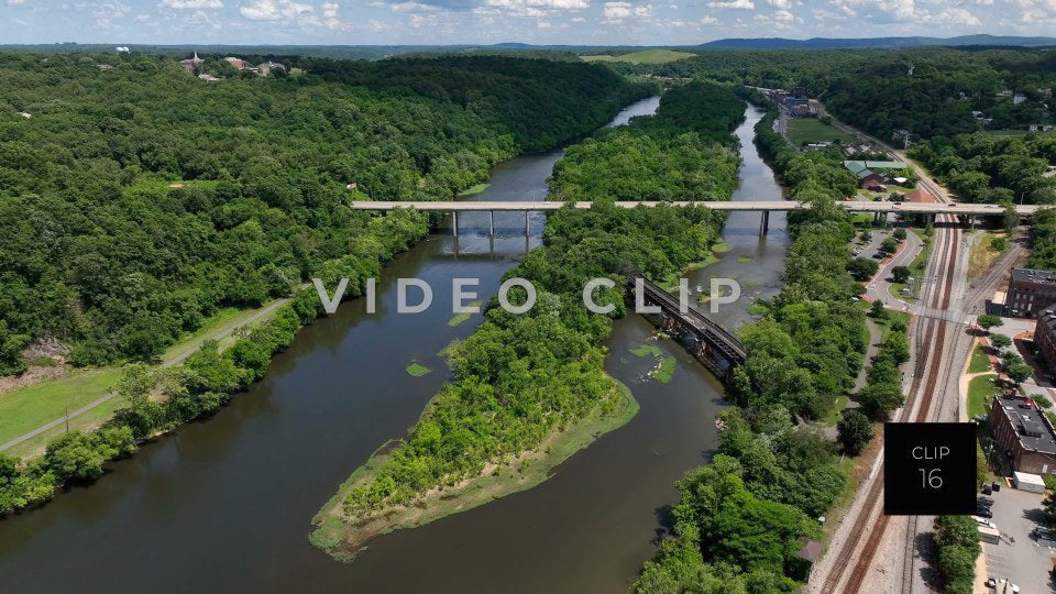 CLIP 16 - Lynchburg, VA aerial view of James River flowing by downtown