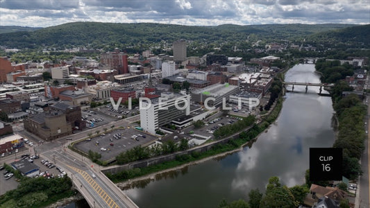 CLIP 16 - Binghamton, NY aerial over Susquehanna River with slight turn towards downtown