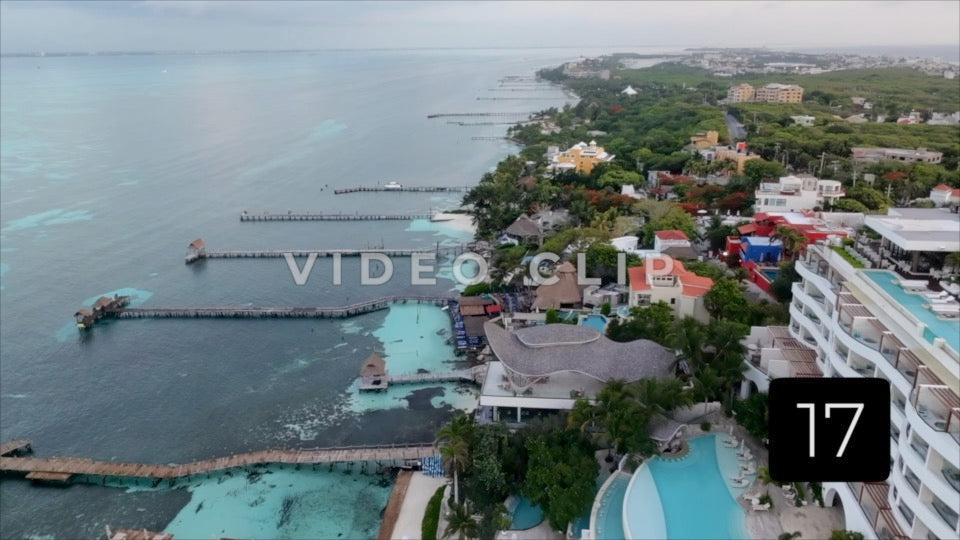 CLIP 17 - Isla Mujeras, Mexico coastline docks and resort at sunrise