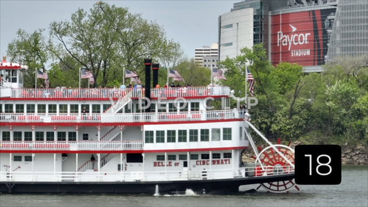 CLIP 18 - Cincinnati, Ohio Belle of Cincinnati riverboat passing by Paycor Stadium