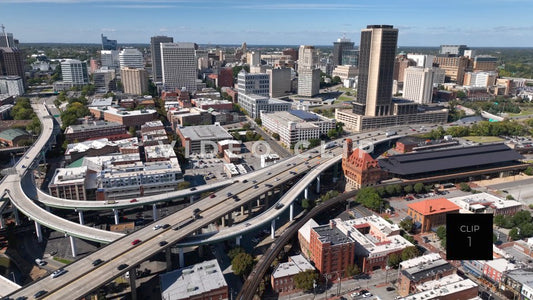 CLIP 1 - Richmond, VA Downtown city skyline with Interstate Highway 95