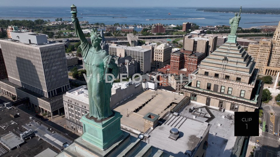 CLIP 1 - Buffalo, NY aerial close up of Liberty Building statue of liberty