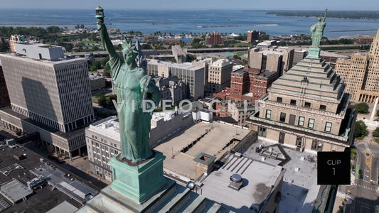 CLIP 1 - Buffalo, NY aerial close up of Liberty Building statue of liberty