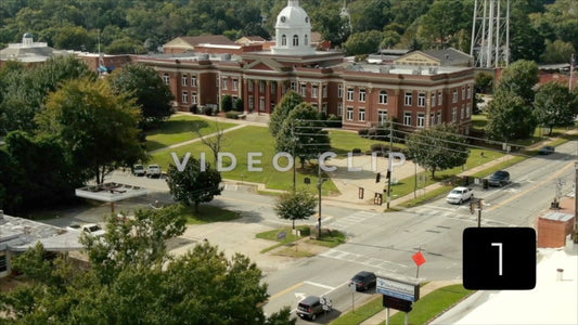 CLIP 1 - Eatonton, GA - Putnam County Clerk of Courts - rising up over courthouse to see distant horizon