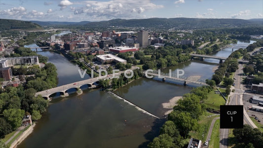 CLIP 1 - Binghamton, NY aerial of city downtown where Chenango and Susquehanna River converge