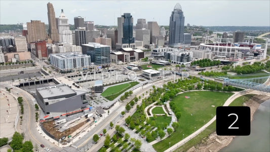 CLIP 2 - Cincinnati, Ohio city skyline aerial view from Ohio river including Paycor Stadium