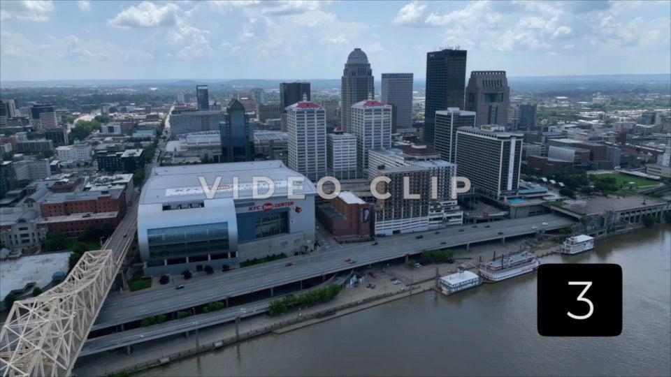 CLIP 3 - Louisville, KY downtown skyline aerial view from above Ohio River