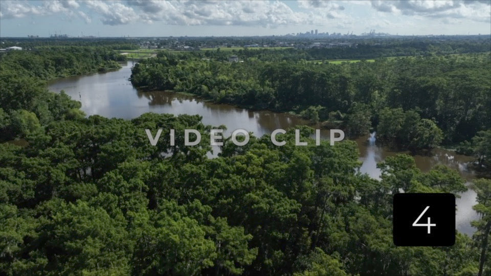 CLIP 4 - New Orleans, LA Vol. 3 - Segnette bayou tree top flying with city skyline in distance