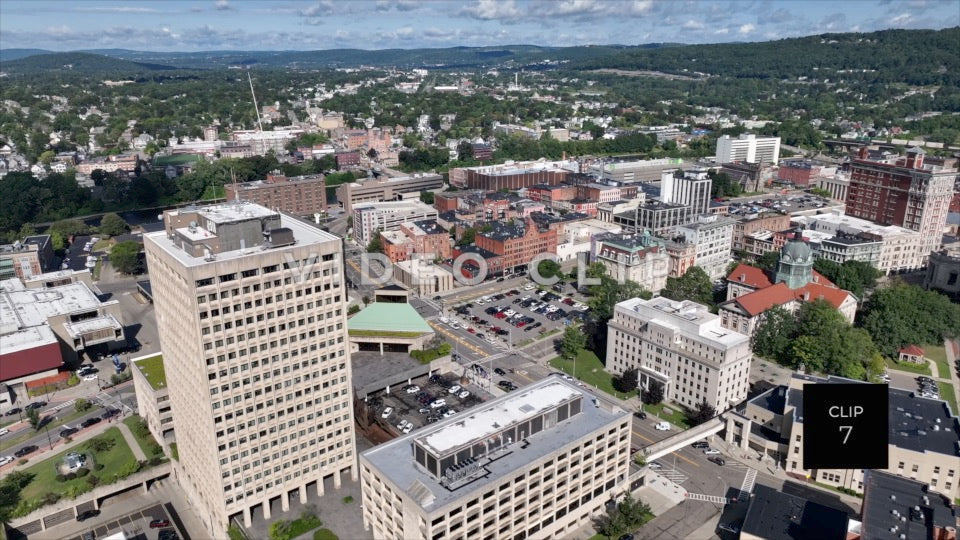 CLIP 7 - Binghamton, NY aerial flight over downtown and turning around over building