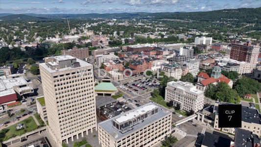CLIP 7 - Binghamton, NY aerial flight over downtown and turning around over building