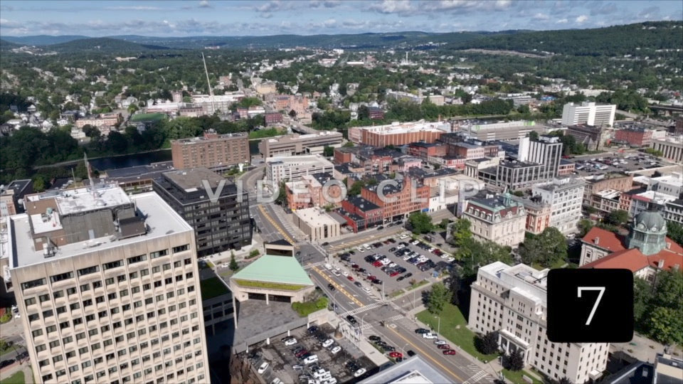 CLIP 7 - Binghamton, NY aerial flight over downtown and turning around over building