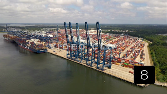 CLIP 8 - Charleston, SC aerial view of Port of Charleston with cargo ships and containers