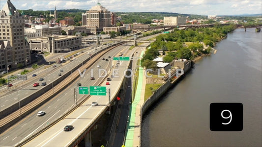 CLIP 9 - Albany, NY Vol. 2 - aerial view of cars traveling on highway by the Hudson river