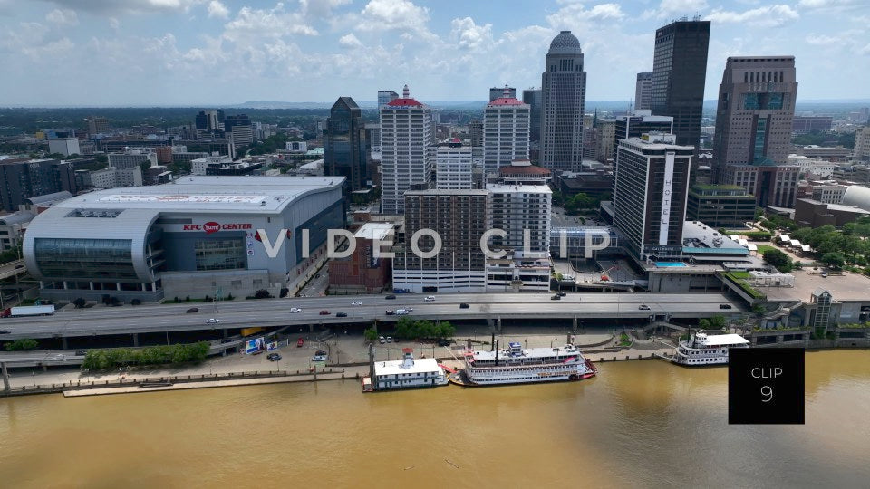 CLIP 9 - Louisville, KY downtown view with Bello of Louisville Riverboats docked on Ohio River