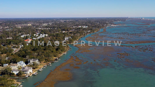 4k Still Frame - Murrells Inlet, SC homes along tidal marsh coastline