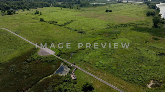 4k Still Frame - Braddock Bay, NY aerial photo of preserved wetlands with observation deck