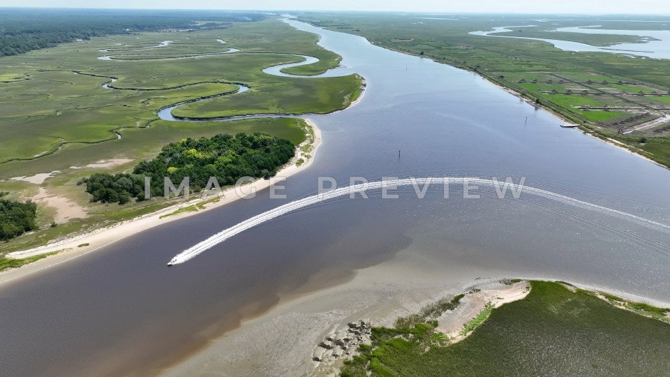 4k Still Frame - McClellanville, SC boat entering Intracoastal Waterway