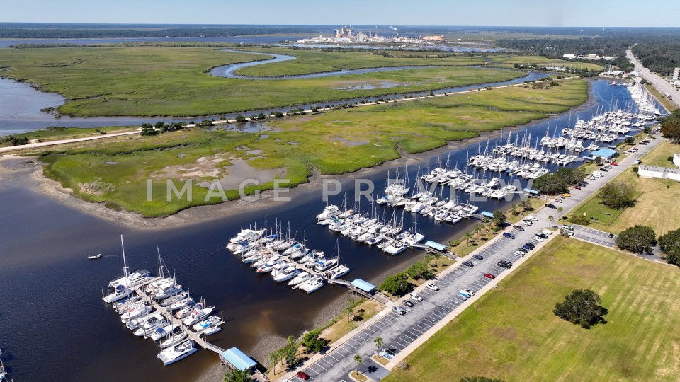 Brunswick, GA aerial of boats in marina with Georgia Pacific Pulp & Paper on horizon