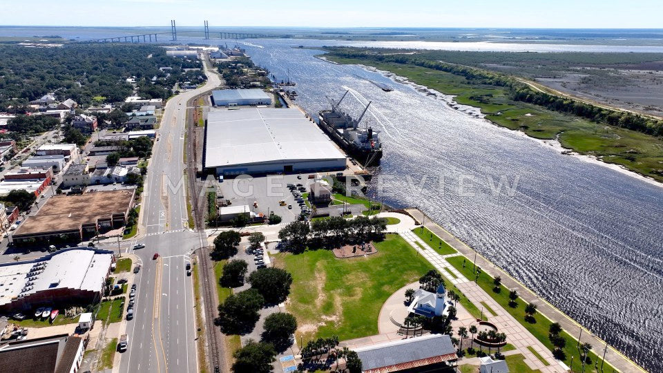 Brunswick, GA Georgia Ports Authority cargo ship docked beside Mary Ross Waterfront Park
