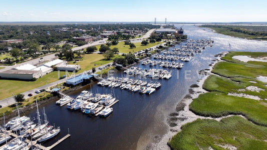 Brunswick, GA Marina and public park beside tidal marsh in sunshine