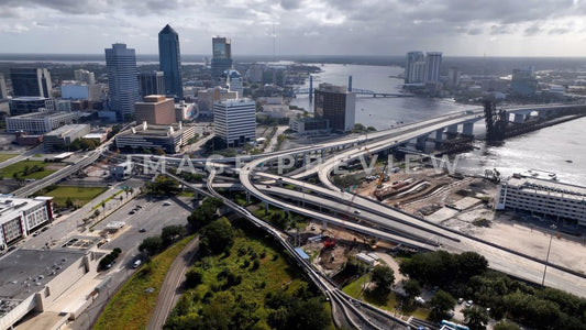 4k Still Frame - Jacksonville, FL city skyline downtown office buildings and highway interchange