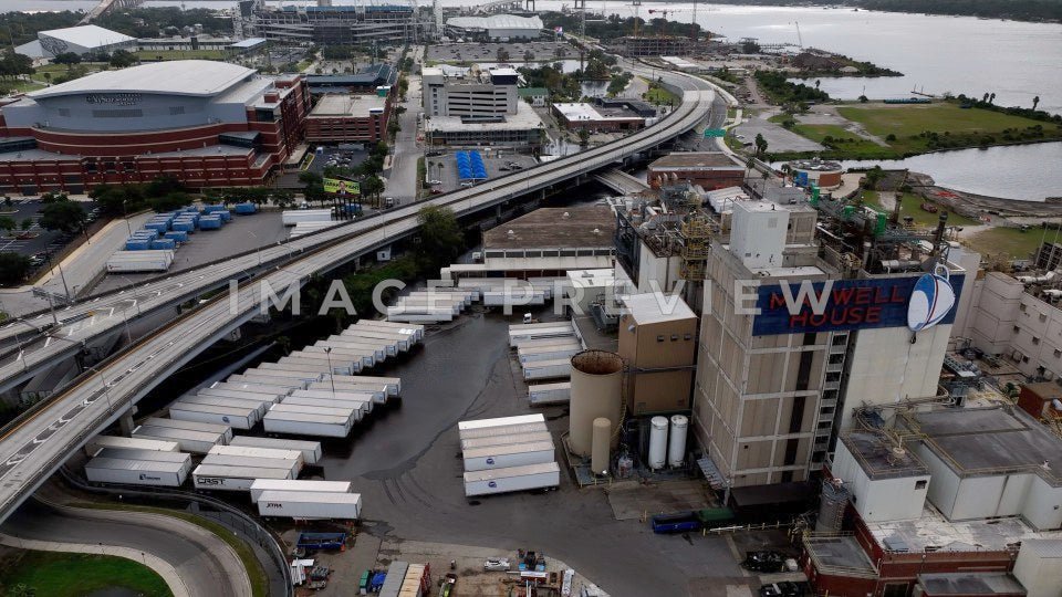 4k Still Frame - Jacksonville, FL industrial side of town showing Maxwell Coffee Factory