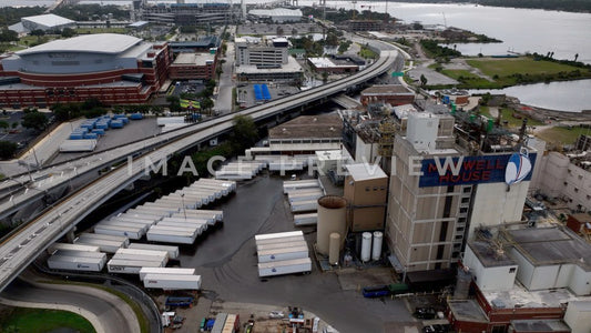 4k Still Frame - Jacksonville, FL industrial side of town showing Maxwell Coffee Factory