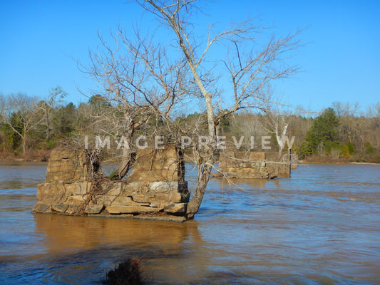 Photo - Stone supports of old bridge crossing Flint River in Georgia