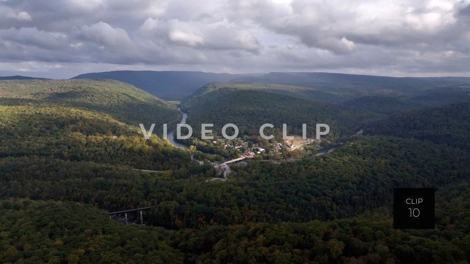 CLIP 10 - Ohiopyle, PA aerial view of mountains with town and Youghiogheny River