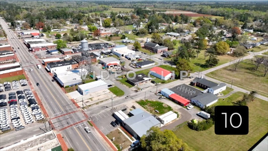CLIP 10 - Hemingway, SC drone view pulling back from church to reveal downtown