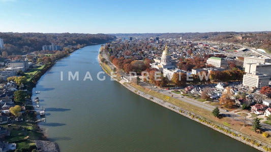 4k Still Frame - Charleston, WV capital building and downtown beside Kanawha river