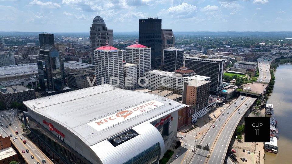 CLIP 11 - Louisville, KY aerial view above KFC Yum! Center then downtown