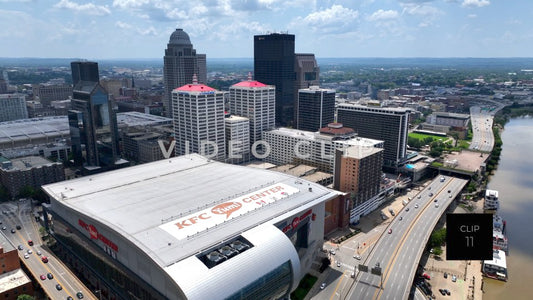 CLIP 11 - Louisville, KY aerial view above KFC Yum! Center then downtown
